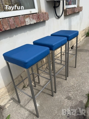 Комплект 3 бр. бар столове - Сини седалки, Иноксова основа - Отлично състояние