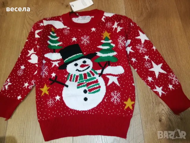 пуловерче коледно, червен цвят с снежен човек и елхички , снимка 2 - Детски пуловери и жилетки - 48050856