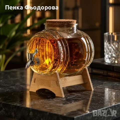 Стъклено буре с кранче 3L и дървена стойка – Стилно сервиране на напитки, идеален подарък, снимка 4 - Бидони, бурета и бъчви - 55874580