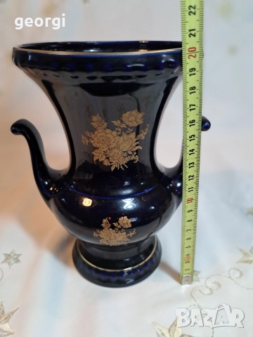 немска порцеланова ваза Bareuther кобалт с позлата М1, снимка 5 - Вази - 52983124
