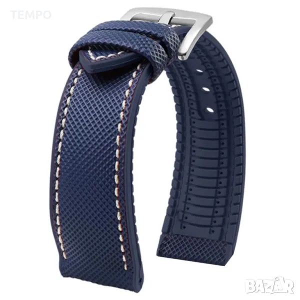 СИЛИКОНОВА КАИШКА СИНЯ С БЯЛ ШЕВ- 18мм + ПОДАРЪК, снимка 1