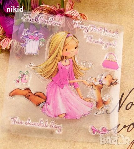 Седнало момиче играе с куче силиконов гумен печат декор бисквитки фондан Scrapbooking, снимка 1