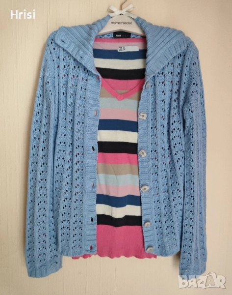 Лот от ажурна синя жилетка и блуза райе, снимка 1