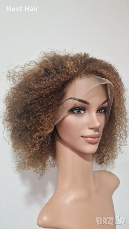 Къса естествена афро перука с обем - кафява с руси кичури | Lace Front 13x4, снимка 1