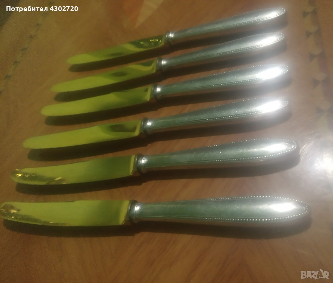 Луксозни ножове 6 броя, с масивно посребрени дръжки 90 и стоманени остриета с позлата, снимка 1