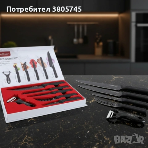 Комплект кухненски ножове – Cheffinger CF-MB08 от 6 части с мраморно покритие и магнитна кутия, снимка 5 - Прибори за хранене, готвене и сервиране - 53308073
