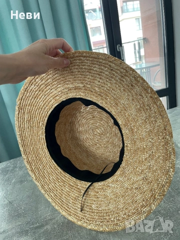 Сламена дамска шапка с декорация от перли, снимка 5 - Шапки - 54172456