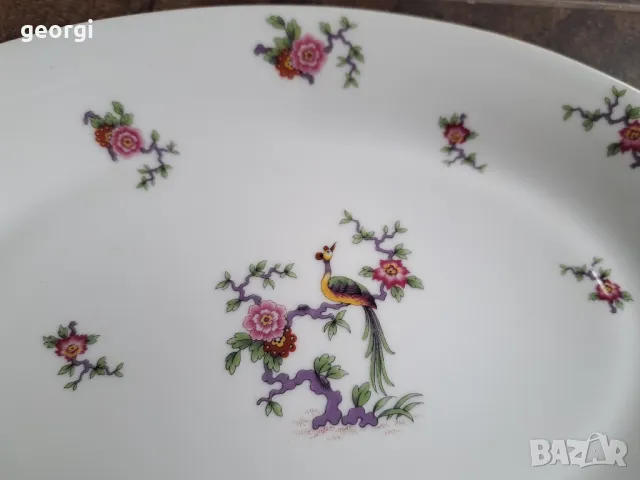 порцеланово елипсовидно плато с цветя и райски птици Limoges 8/2, снимка 2 - Сервизи - 49939150
