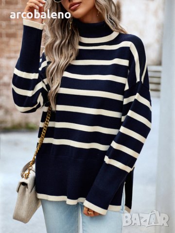 Дамски ежедневен раиран плетен пуловер, 5цвята, снимка 3 - Блузи с дълъг ръкав и пуловери - 44168489