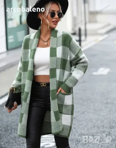 Широка дамска карирана плетена жилетка с цветни блокове, 4цвята , снимка 12 - Жилетки - 47654591