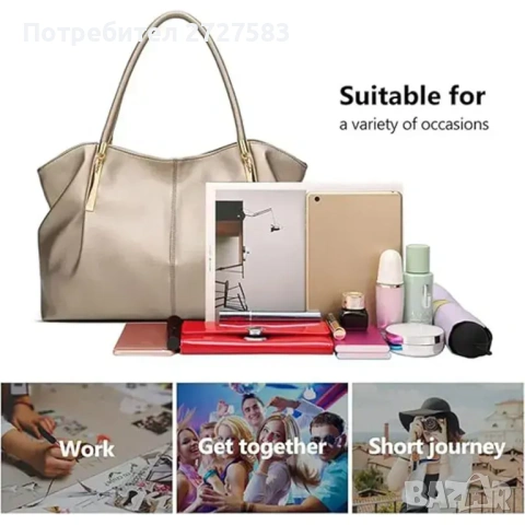 Women’s Vegan Leather Tote Bag – Spacious, Elegant, Zip Top, снимка 3 - Чанти - 49777694