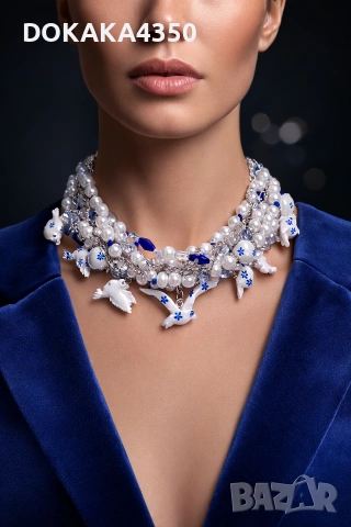 Колие тип чокър в бяло и синьо 