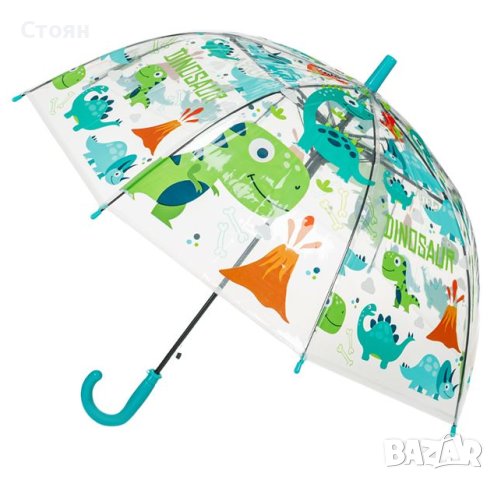 Чадър тип бастун за дъжд Автоматичен детски прозрачен прозрачен динозаври 65см, снимка 3 - Чадъри - 42876180