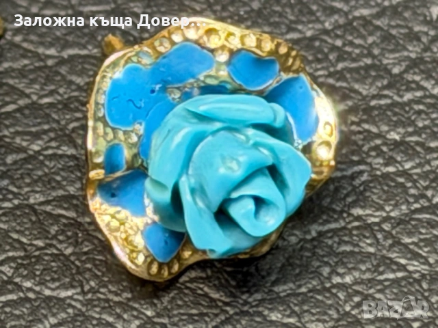 Златни обеци рози син тюркоаз  14 карата 585 zlatni obeci zlaten gold, снимка 2 - Обеци - 54240191