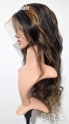 Естествена черна чуплива перука от бразилска човешка коса с руси кичури 75 см - Lace Front 13x6, снимка 4 - Аксесоари за коса - 53136499