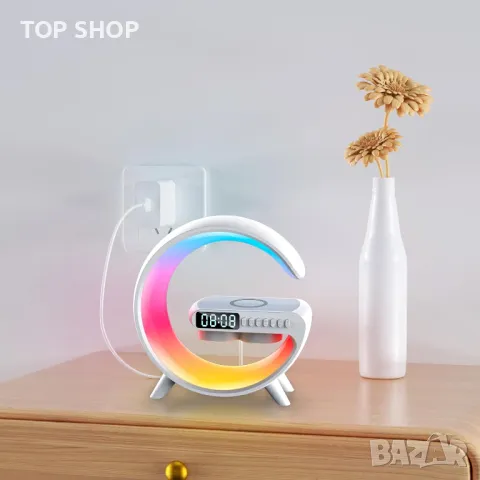 Настолна лампа YumCute с безжично зарядно устройство, Bluetooth високоговорител, G11 околна светлина, снимка 6 - Настолни лампи - 49965430