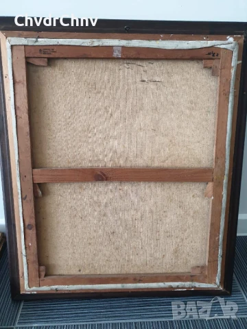 70х60см/голяма стара картина масло върху платно/натюрморт ваза с цветя/маргаритки/дървена рамка, снимка 11 - Картини - 51357434