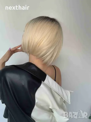 Къса руса омбре боб перука с тъмни корени и бретон, снимка 8 - Аксесоари за коса - 48746210