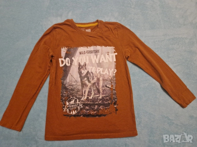 128см 7-8г Детска блуза с дълъг ръкав памук с апликация вълк без забележки 