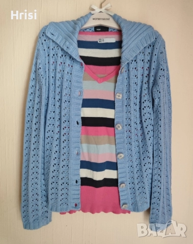 Лот от ажурна синя жилетка и блуза райе