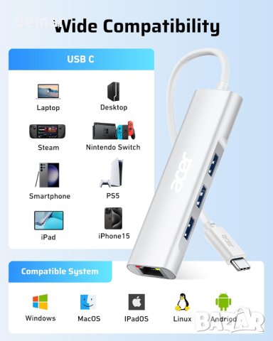 Acer USB C към Ethernet адаптер, 4-в-1 USB C хъб с 3 USB A 3.1 и 1Gbps RJ45 мрежа, снимка 5 - Кабели и адаптери - 44480483