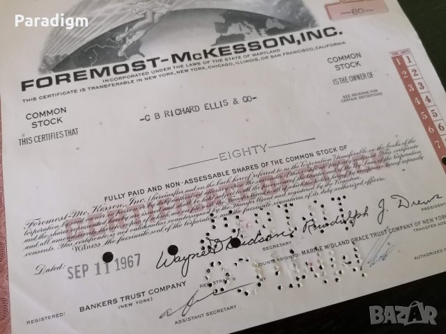 Сертификат за 80 акции (САЩ) | Foremost - McKesson Inc. | 1967г., снимка 4 - Други ценни предмети - 29300949