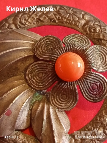 Ретро брошка с флорален мотив филигранни венчелистчета и ярко оранжево мъниста 48877, снимка 4 - Други - 52571567