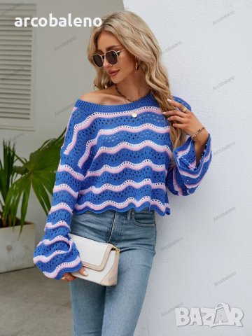 Дамски моден пуловер с дълги ръкави и кръгло деколте на райета, 3цвята - 023 , снимка 5 - Блузи с дълъг ръкав и пуловери - 42304853