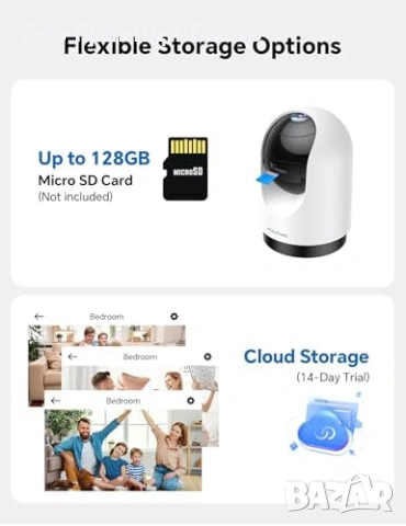 Нова WOLFANG вътрешна камера 360° 2K 3MP Alexa Google 2 броя комплект за дом охрана, снимка 7 - Други - 54202825