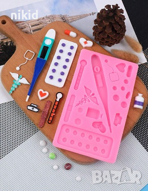 Голям медицински лекарски медицина хапчета термометър силиконов молд форма фондан шоколад гипс декор, снимка 2 - Форми - 44723741