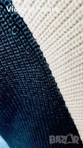 Луксозно дизайнерско пончо René Lezard – вълна и памук, асиметрия, черно/екрю, снимка 7 - Блузи с дълъг ръкав и пуловери - 53892069