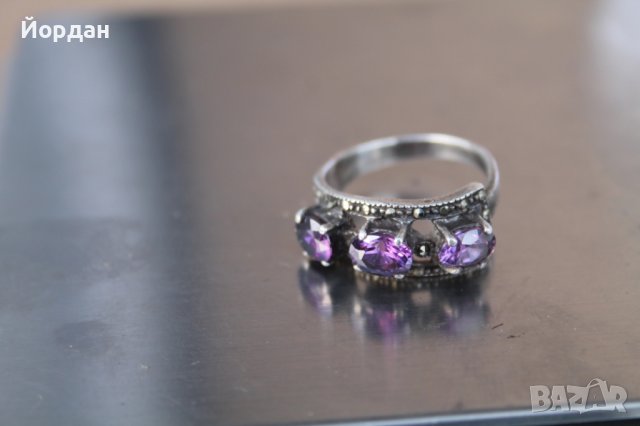 Дамски сребърен пръстен аметист с маркезити, снимка 2 - Други ценни предмети - 44278660