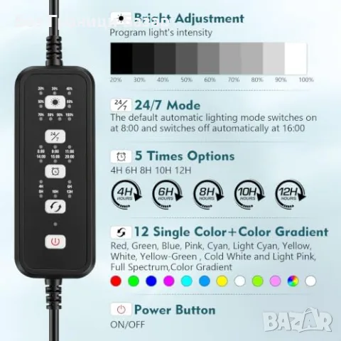 Ново осветление hygger LED лампа за аквариум 14W, 24/7 таймер, 12 цвята, 48-60 см, снимка 2 - Оборудване за аквариуми - 55933879