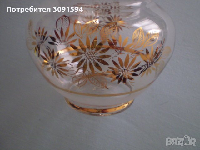 Винтидж стара ръчно изработена стъклена ваза златни цветя прозрачна, снимка 7 - Други ценни предмети - 40040323