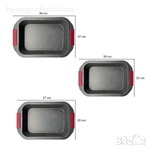Комплект тави за печене Cheffinger 3 части мраморно покритие силиконови дръжки въглеродна стомана, снимка 4 - Съдове за готвене - 54165875