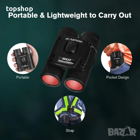 Нов мини бинокъл Flintronic 40 x 22 HD, водоустойчив, преносим, сгъваем, компактен, джобен, малък..., снимка 5 - Екипировка - 53010951
