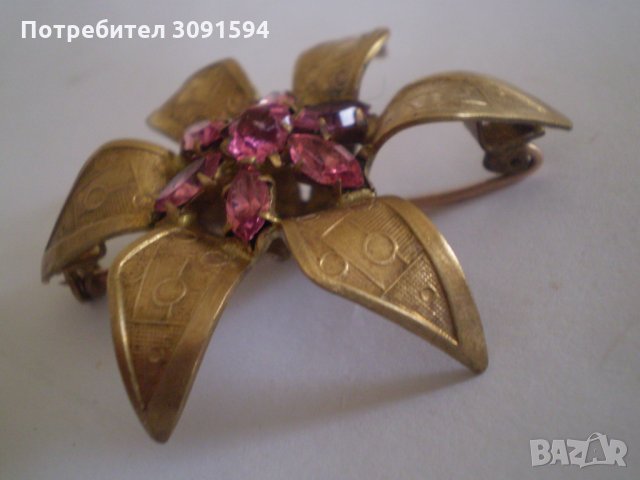 Антична брошка Франция цвете с розов кристал 1930г-1940г, снимка 2 - Антикварни и старинни предмети - 35080732