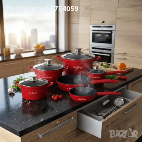 Премиум комплект съдове за готвене 12 части с мраморно покритие Cheffinger– Тенджери, тигани и касер, снимка 2 - Съдове за готвене - 53124115