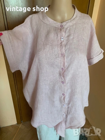 Бледорозова ленена риза с удължени краища , снимка 2 - Ризи - 54139161