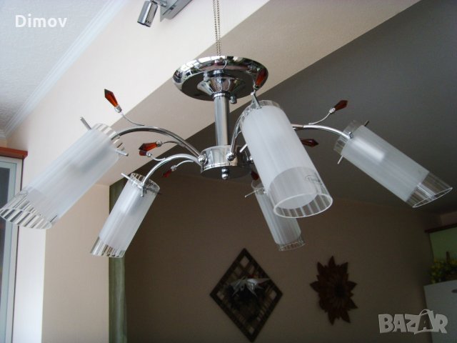 Полилей. Неръждаема стомана-инокс , кристал и стъкло - 220V5х 60W , снимка 4 - Полилеи - 31368472
