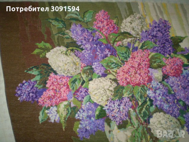 Голям ръчно ушит-бродиран гоблен ваза със цветя, снимка 5 - Гоблени - 35234000
