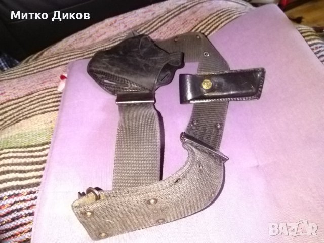 Широк колан 140смх55мм промазан плат военен ловен с кобур и калъвче пълнител-нож естестевна кожа