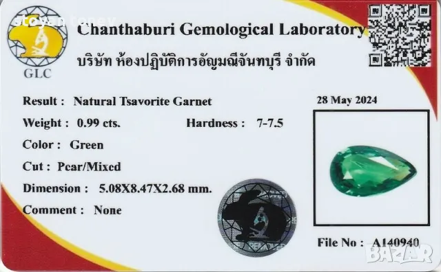 Елегантен Цаворит гранат в шокиращо зелен цвят 0.99кт.! Сертифициран! Нов!, снимка 5 - Други - 50437375