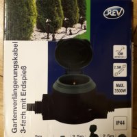 Rev Германия , Удължител с гумен захранващ кабел, 3-посочен , 10 м, ултра гъвкав , черен с зелено IP, снимка 6 - Други - 31145907