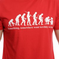 Нова мъжка тениска с трансферен печат Човешка еволюция в червен цвят, снимка 2 - Тениски - 37664008