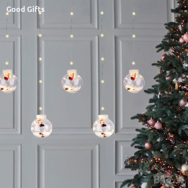 Коледни лампички LED Завеса с коледни топки Дядо Коледа, Топло бяло, 150 LED, снимка 1