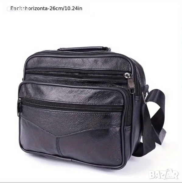 Мъжка, Голяма квадратна кожена чанта за през рамо /Черна естест. кожа!, снимка 1