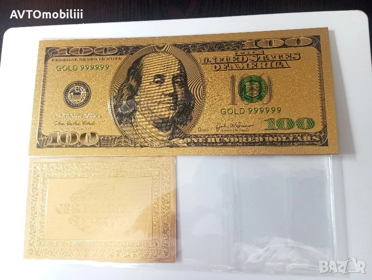 Позлатена с 24 карата злато релефна банкнота 100 долара със сертификат, снимка 1