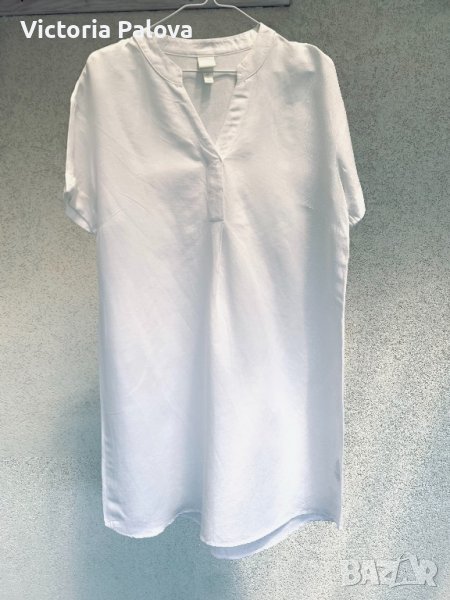 Удобна бяла рокля-туника лен и вискоза, снимка 1
