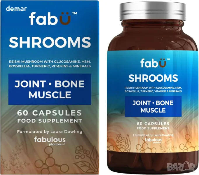 fabÜ Добавка от гъби Рейши с глюкозамин, босвелия, куркума, за стави, кости и мускули, 60 капсули, снимка 1